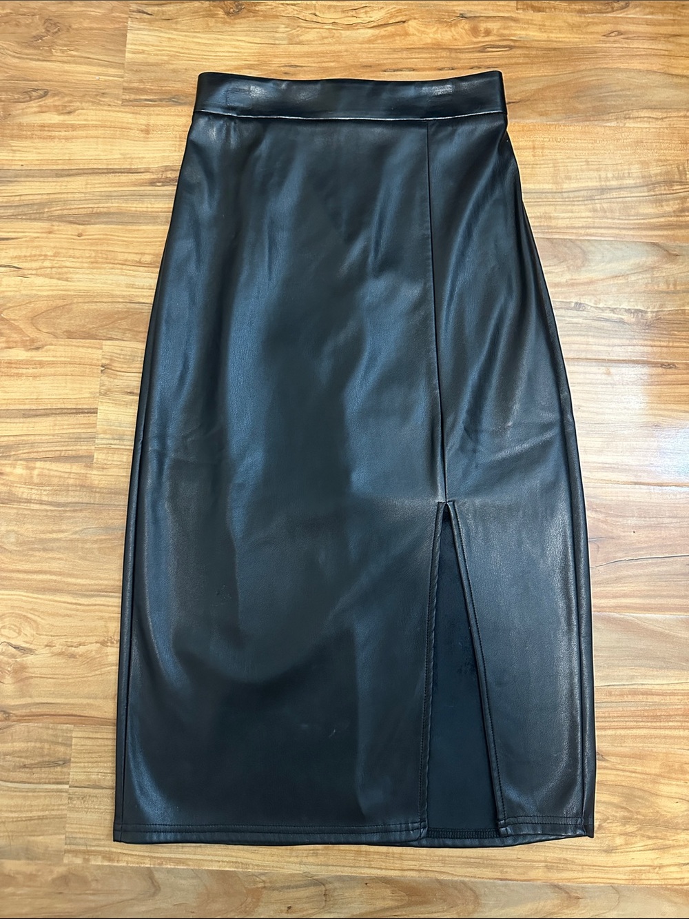 Black Faux Leather Pencil Skirt with Front Slit
